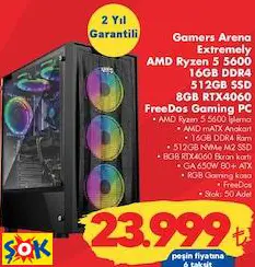 GAMERS ARENA EXTREMELY AMD RYZEN 5 5600 16GB DDR4 512GB SSD 8GB RTX4060 FREEDOS GAMİNG PC OYUN BİLGİSAYARI
